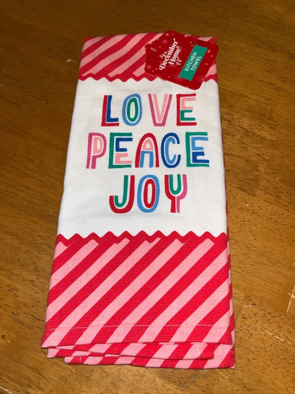 December Home Love Peace Joy Striped Pink Red Stripe 100% Cotton Kitchen Towel